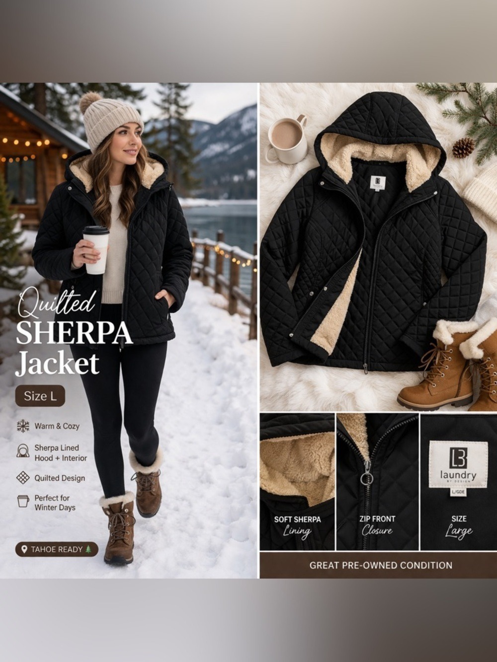 Laundry by Design Quilted Sherpa Lined Hooded Coat Black Large Winter Cozy